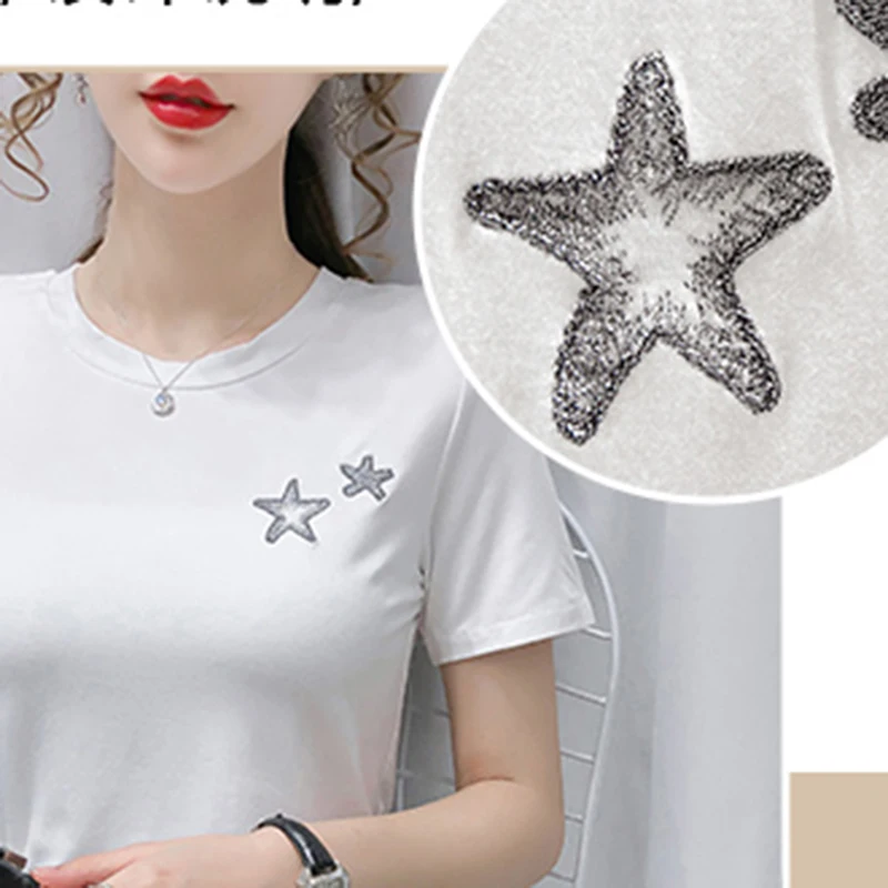 

LJSXLS Women's T-shirt Summer Embroidery O-Neck Short Sleeve Tee Woman Modal Cotton Casual All-match Woman Tops Tee Shirt 2021