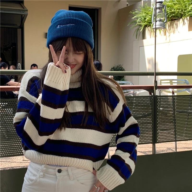 

2Colors 2020 Autumn Winter Women Turtleneck Pullovers And Sweaters Korean style stripe thick Warm Female knitted Sweater (C8673)