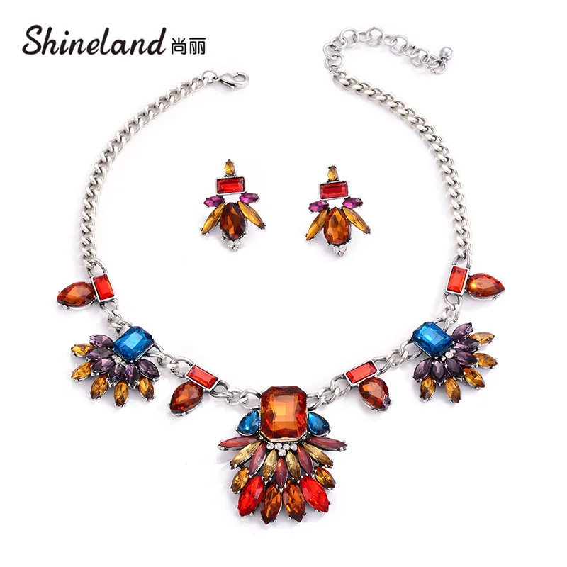 Shineland модные ювелирные изделия набор женщин Кристалл Разноцветные цветы