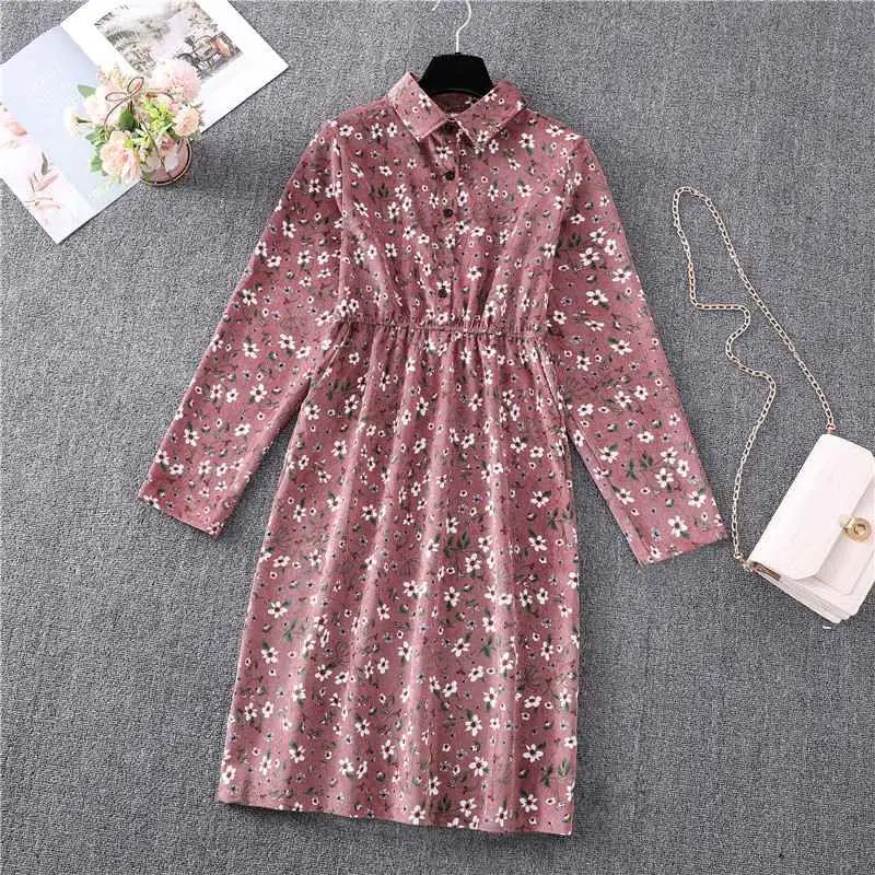 

2021 New Fashion Women's Print Corduroy Dress Female Casual Style Spring And Autumn Full Sleeved Dresses
