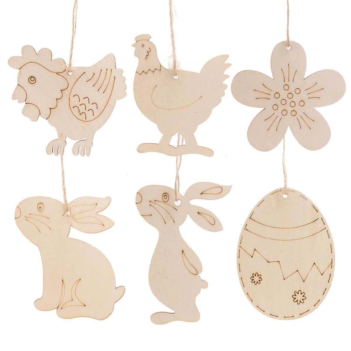 

10pcs/lot Wooden Easter Ornaments DIY Crafts Easter Egg Shape Cutouts Pendants Embellishments Wood Slices Hanging Tags with Rope