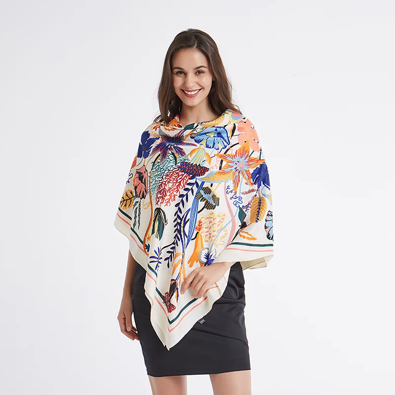 

New silk scarf women's twill oil painting print big square scarf 130cm summer vacation travel sunscreen shawl