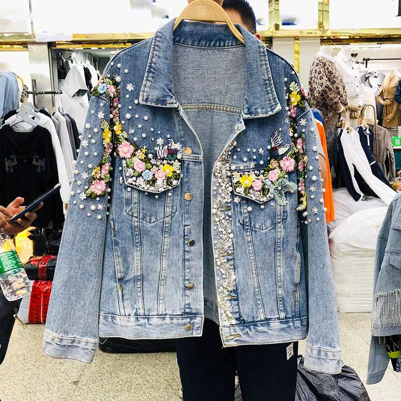 Тяжелая работа бисером цветок джинсовая куртка 2019 осень новая свободная