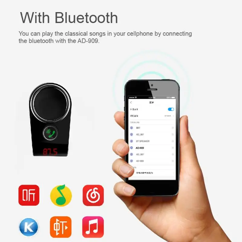 

AD909Bluetooth FM Transmitter Elaborate Manufacture Prolonged Durable Handsfree Car Kit MP3 Music Player Power Outlet