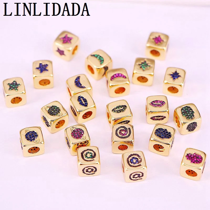

10Pcs Gold Color Micro Pave Colorfur CZ Star/Moon/Hamsa Hand/Eye Square Spacer Beads ,Cubic Zirconia Cube Beads, Accessories