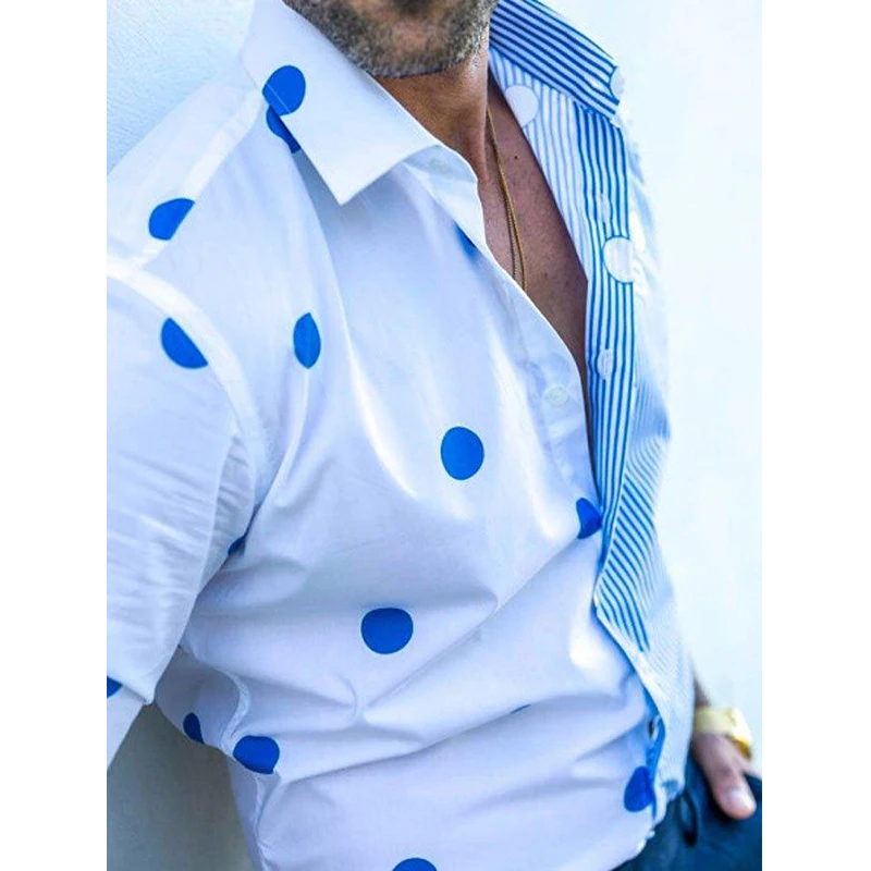 2021 Autumn Men Blue Striped Polka Dot Slim Long Sleeved Casual Shirts European American Lapel Button Dress shirt Male Blouse