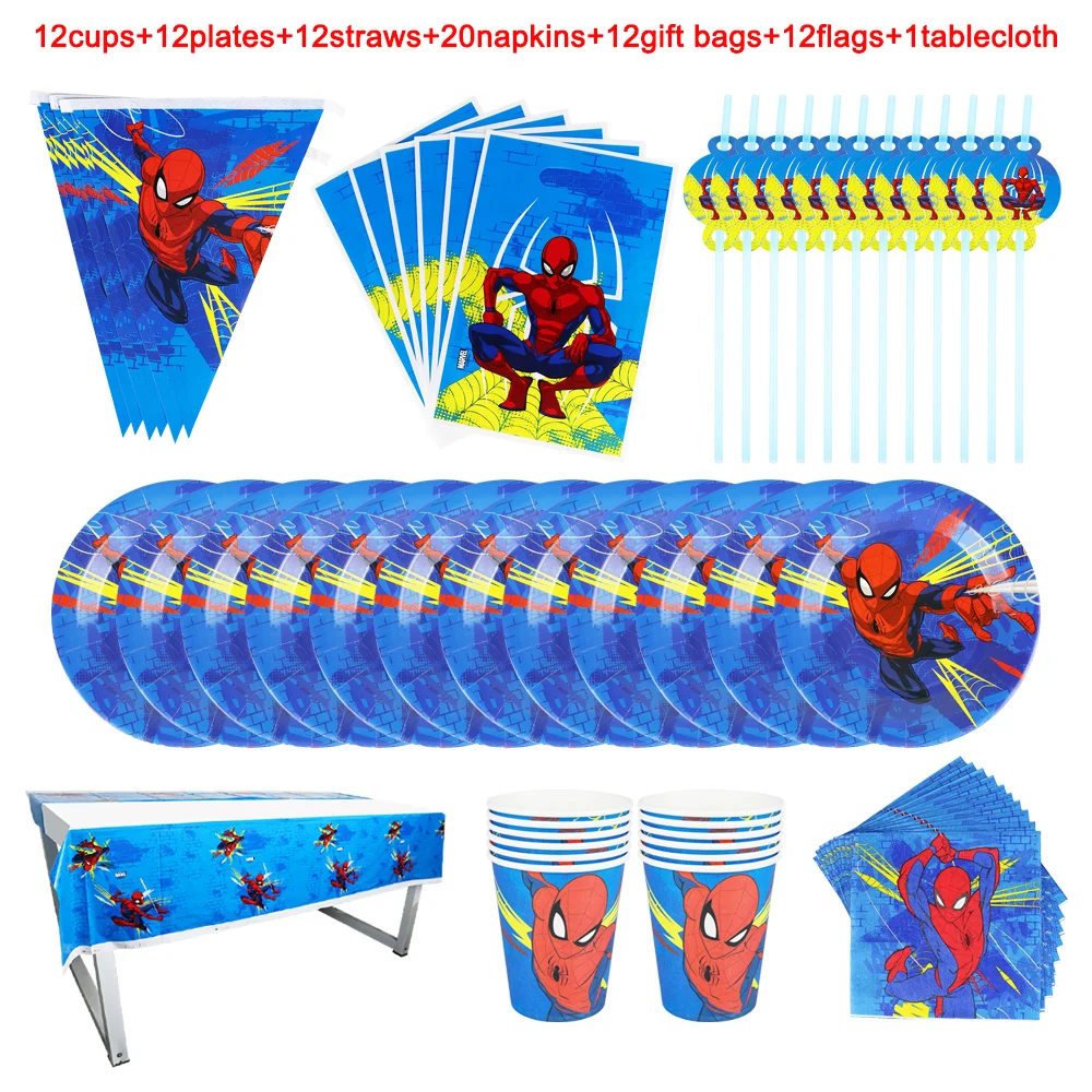 

Spiderman Theme Birthday Party Set Decorations Paper Cups Plates Napkins Flags Straws Baby Shower Kids Boys Like Super Hero