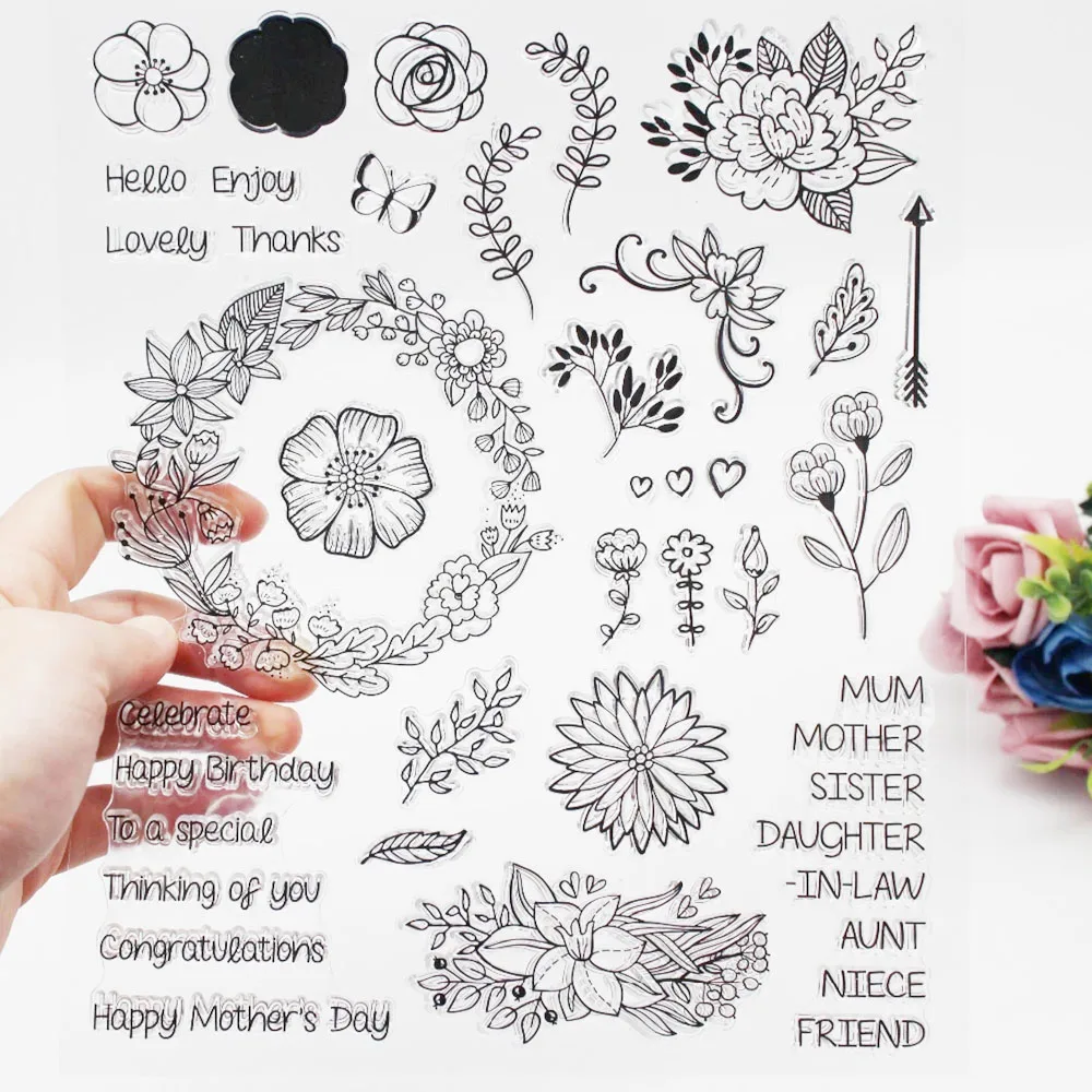 

Birthday&mother day Phrase Clear Stamp leaves/flowers Silicone Stamp/Seal For Scrapbooking photo album Decor flower clear stamp