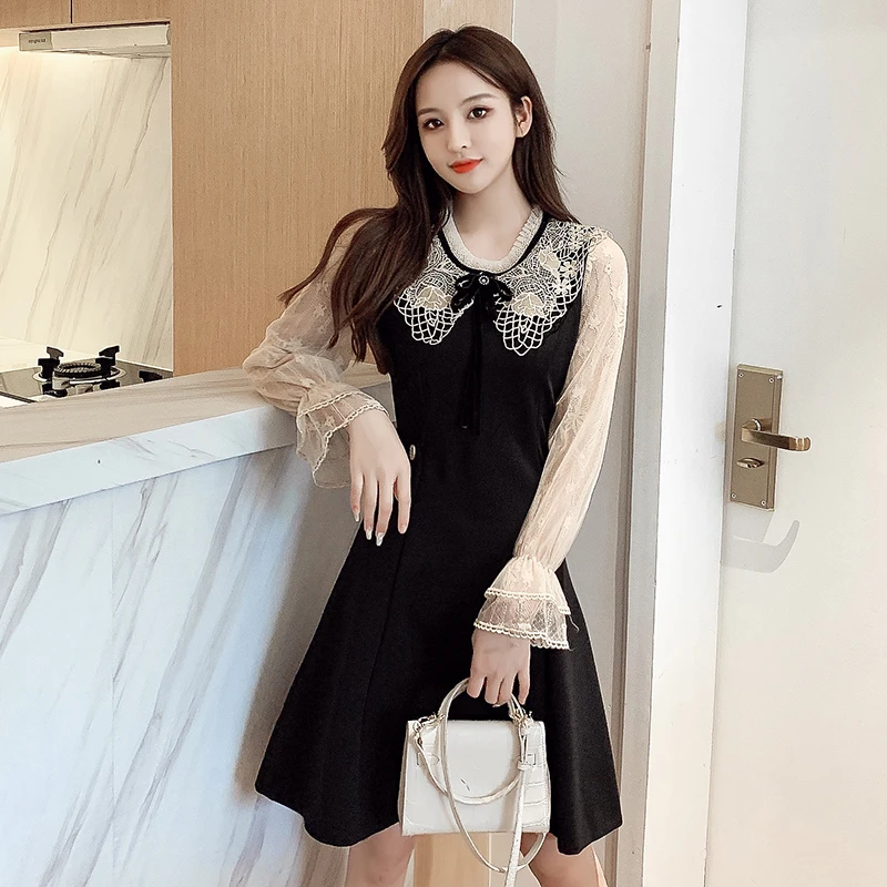 

JSXDHK Spring Office Ladies Vestidos 2022 Fashion Women Mesh Patchwork Long Flare Sleeve Embroidery Lace O Neck Bow Black Dress