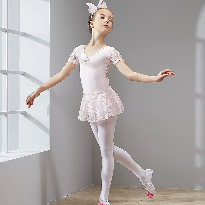 Танцевальное платье с коротким рукавом для девочек хлопковая кружевная балетная