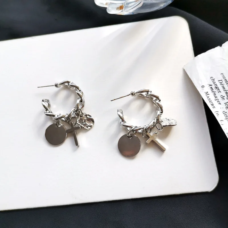

Wholesale Punk Gothic Style Sterling Silver925 Geometric Chains Cross Round Charms Women Earrings