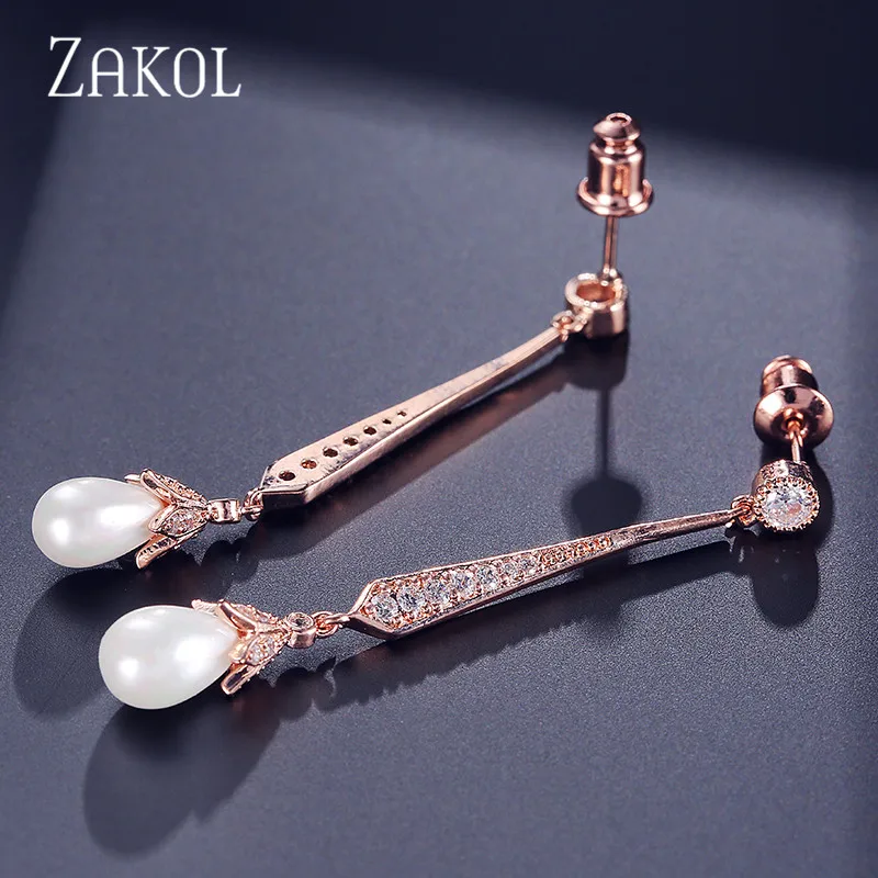Модные длинные серьги-подвески ZAKOL из розового золота с кубическим цирконием