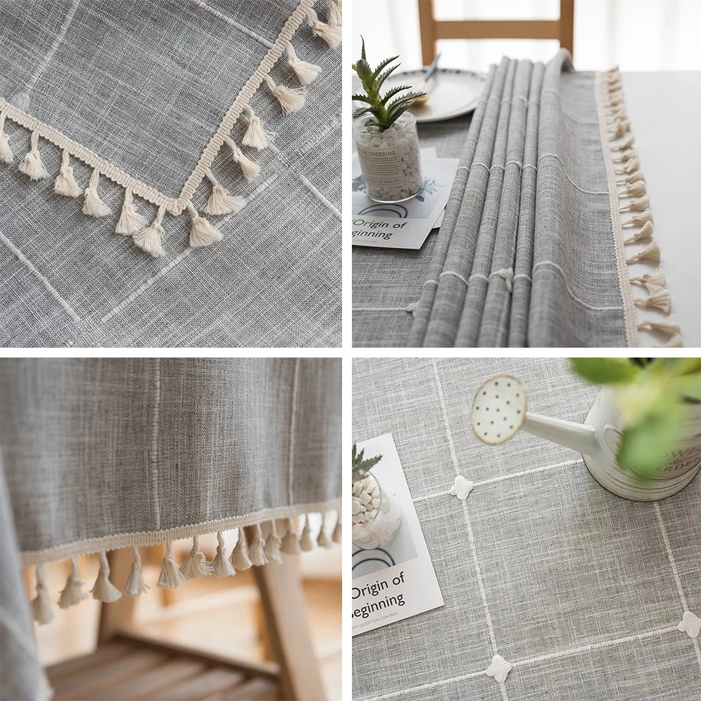 Клетчатая декоративная льняная Современная скатерть с кисточками