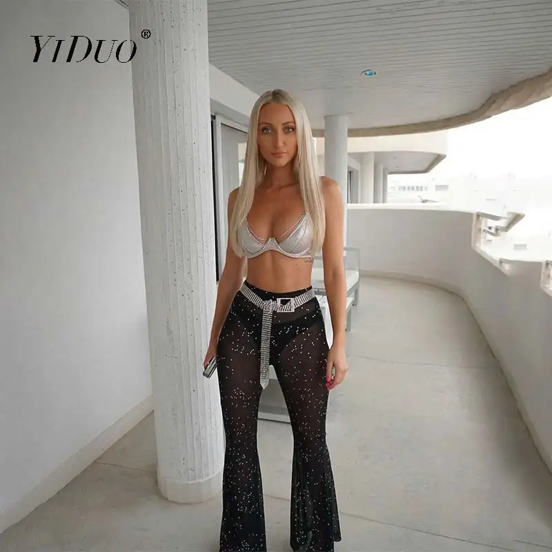 

YiDuo Glitter Black Mesh Sexy Flare Pants Streetwear Women See Through Bell Bottom Pants Summer 2020 Night Club Party Trousers