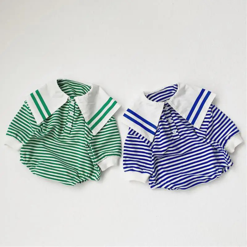 

2020 Autumn Newborn Baby Boys Girls Bodysuits Navy Collar Long Sleeve Baby Clothes Cotton Infant Striped Jumpsuit Clothing