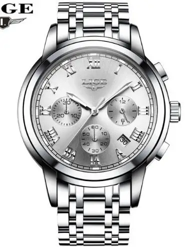 Silver white LIGE, новинка, часы для мужчин, люксовый бренд, хронограф, мужские спортивные часы, водонепроницаемые, все стали, кварцевые, мужские часы, Relogio Masculino+ коробка - Цвет: Silver white