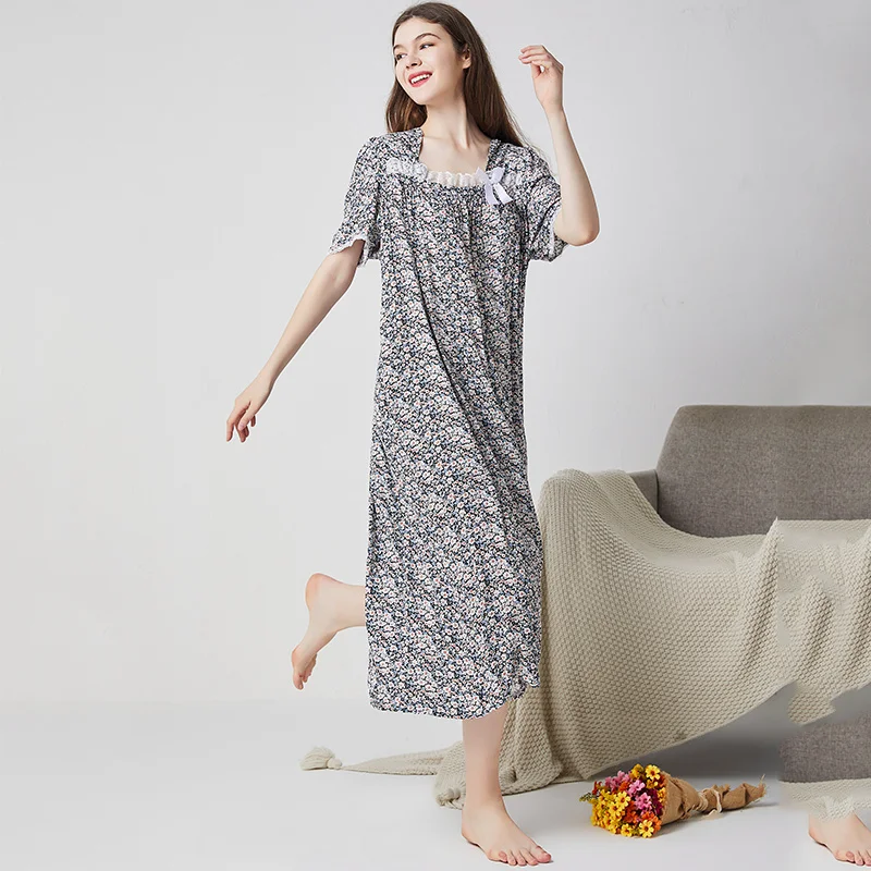 

Summer Sleepdress Women Cotton Nightgown Sleepshirts Short Sleeve Homewear Floral Lace Long Dressing Gown Casual Nightdress Lady