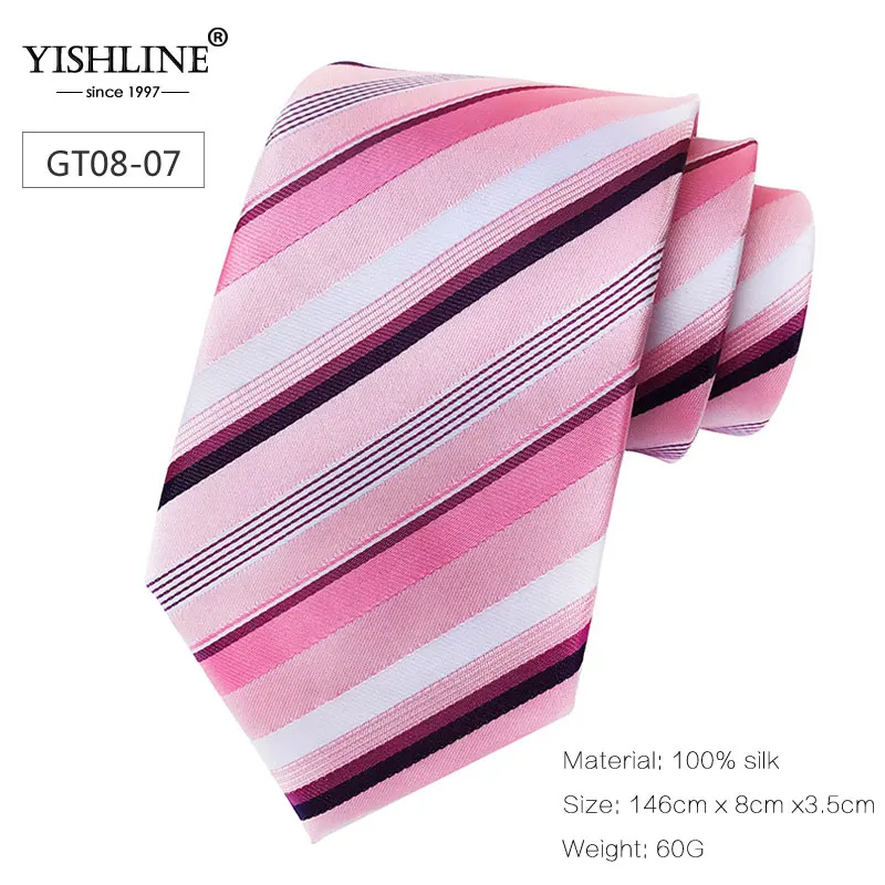 GT08-7 YISHLINE, новинка, 8 см, мужской галстук, шелковые галстуки, в полоску, синий, розовый, мужские свадебные галстуки, галстуки для жениха, галстук, Осень-зима, 20 стилей - Цвет: GT08-7