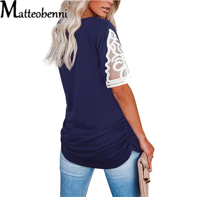 

2021 Fashion Sexy Tops Women Short Sleeve Loose T Shirt Summer Ladies Casual V-Neck Tees Top Pure Color Lace Patchwork T-Shirt