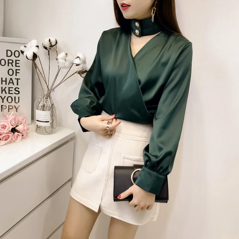 Женские весенние модные рубашки с V образным вырезом популярные женские топы и