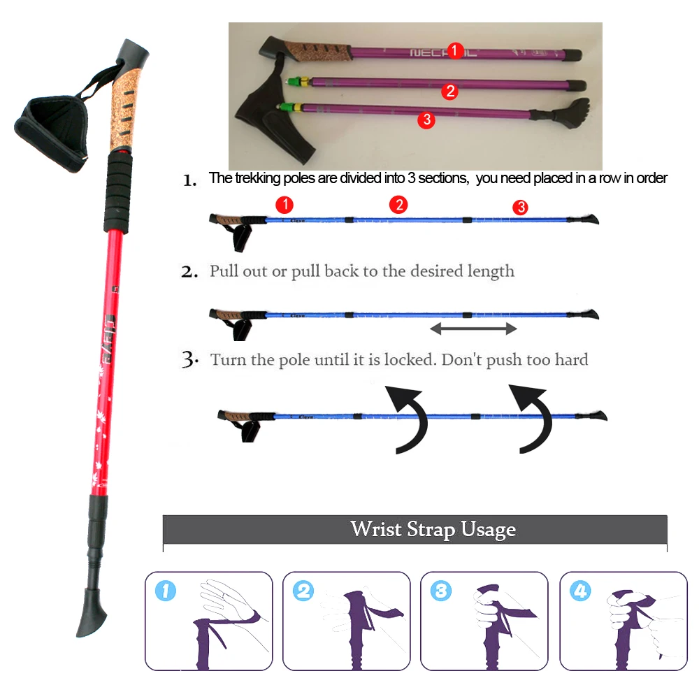 Bengalas de Caminhada Lote Nordic Acampamento Caminhadas Alumínio Ajustável Telescópica Alpenstock Trekking Pole Walking 2 Pçs - 8 High Quality Esporte e Lazer