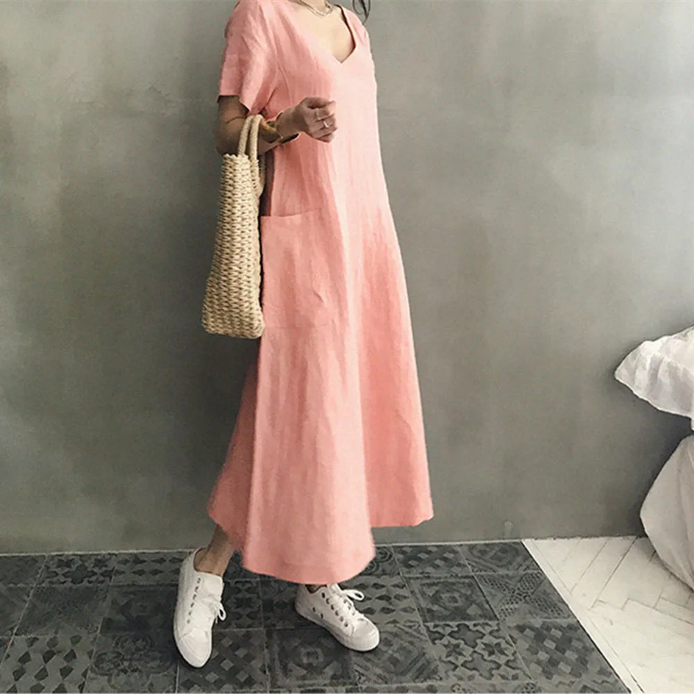 

Japanese Korean Version Summer Dress Loose Casual Fashion Temperament Simple Thin Pocket 2021 V-neck Summer
