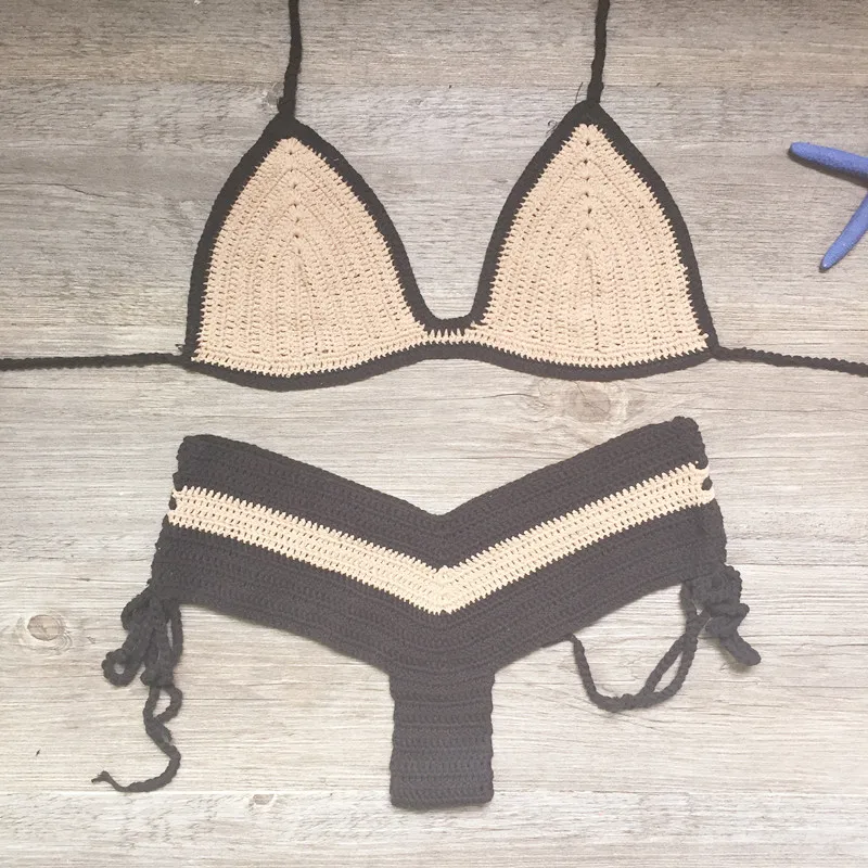 Вязаный крючком комплект бикини бандо с высокой талией купальник женский из двух