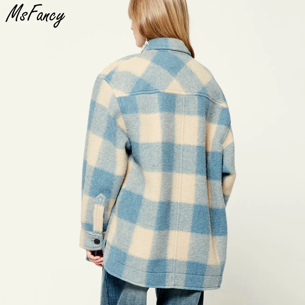 Женское шерстяное пальто Msfancy в клетку осень 2021 модная однобортная куртка стиле