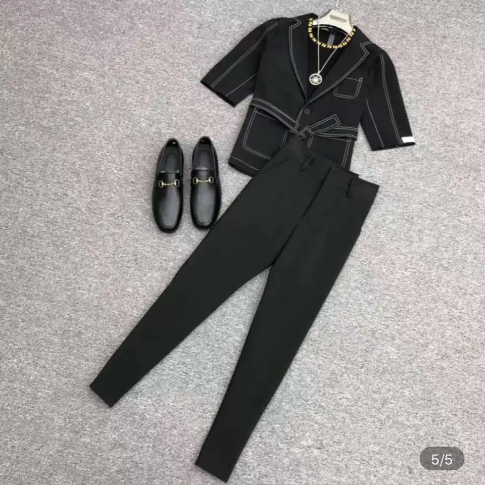 

Summer New Suit Men's Casual Short-Sleeved Jacket Half Tights Two-Piece Hair Stylist Nightclub Men's Clothing