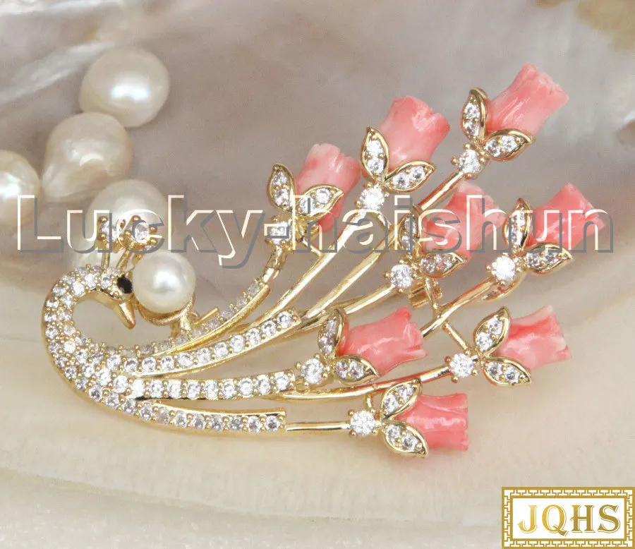 AAA 100% натуральный резной розовый коралловый Павлин жемчуг брошь подвеска