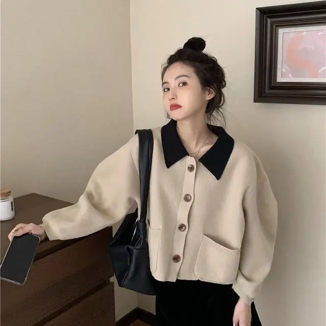 

Женский кардиган с длинным рукавом, Свободный вязаный жакет с отворотом, короткая кофта для осени и зимы, 2022