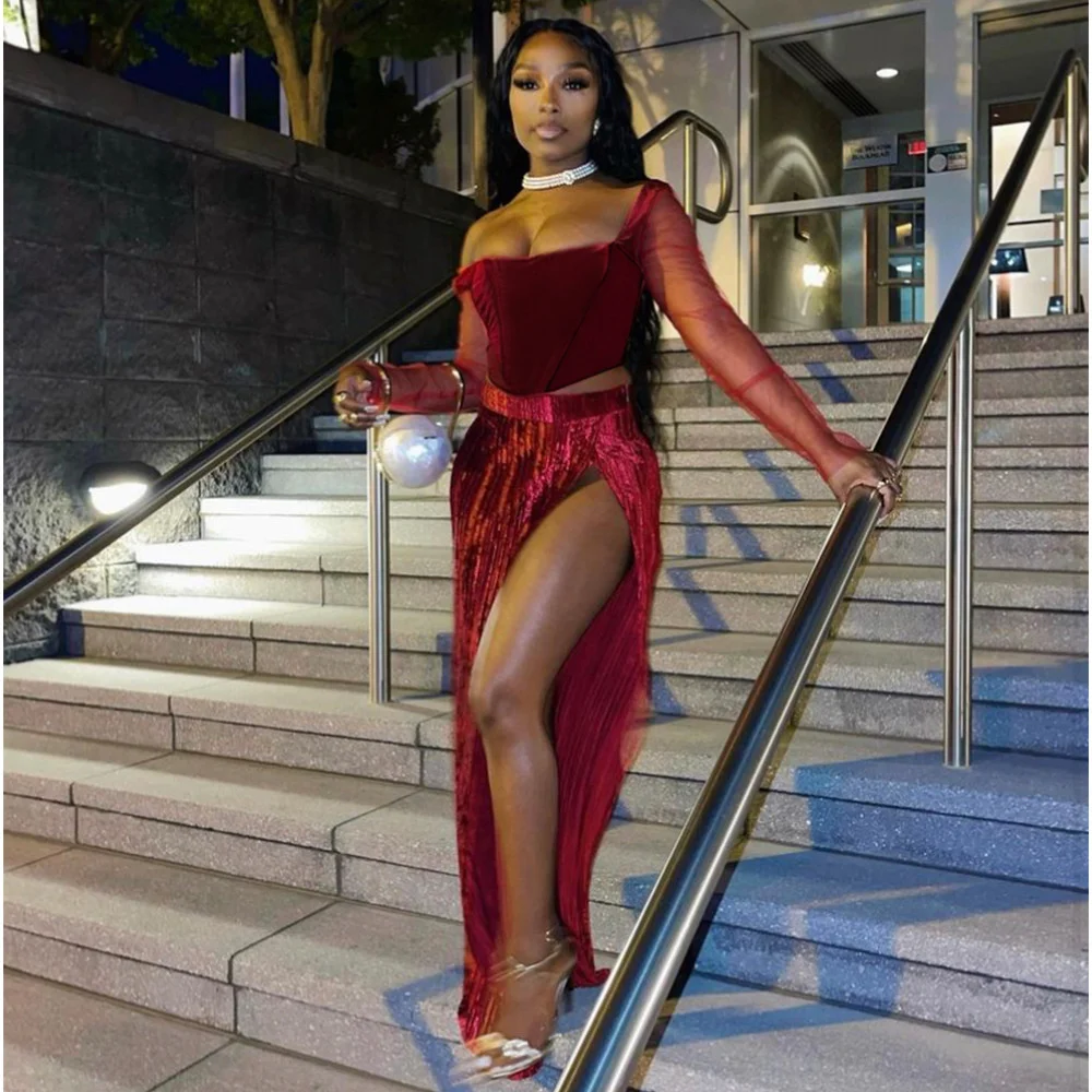 Autumn Sequre Neck Elegant Two Piece Set Women Matching Mesh Full Sleeve Crop Top &amp Slit Long Skirts Velvet Casual Slim Outfit |