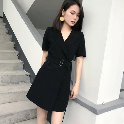 

2020 Summer Korean Office Blazer Dress Women Short Sleeve Belted Mini Dresses Fashion Office Elegant Ladies Blazer Vestidos