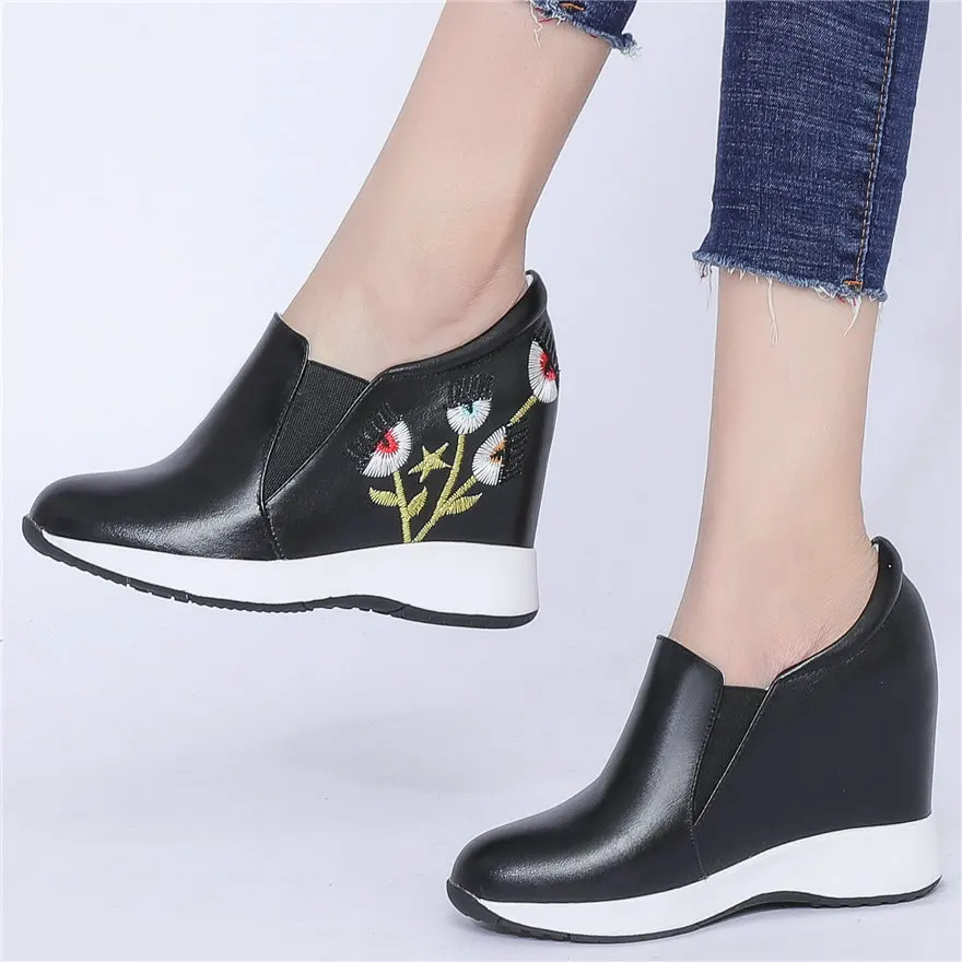 

10cm High Heel Embroider Fashion Sneakers Women Cow Leather Wedges Ankle Boots Female Round Toe Platform Oxfords Casual Shoes