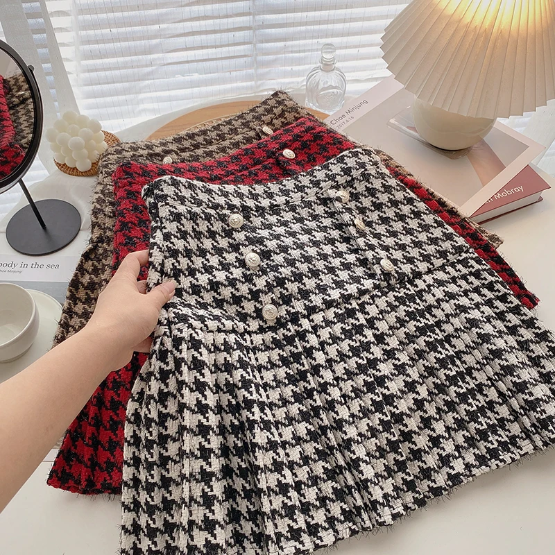

skirt women's autumn and winter 2021 Korean double breasted design retro fashion thousand bird lattice pleated skirt