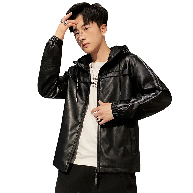 Leather Men Spring And Autumn New Korean Version Of The Hooded Leather Men's Jacket Coat Trend Handsome Young Juvenile Leather spring and autumn wear new jacket men korean version of slim youth casual hooded velvet thickened men s coat
