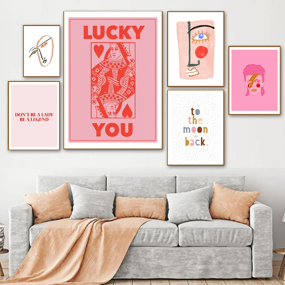 

Canvas Painting Nordic Abstract Poster Line Face Wall Art Pink Letter Lucky You Cards Pictures For Living Room Modern Decor