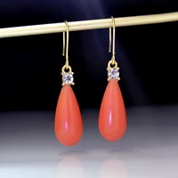 2021 fashion womens crystal dangle earrings coral red water drop pendant vintage earrings for girl gold color piercing ear stud