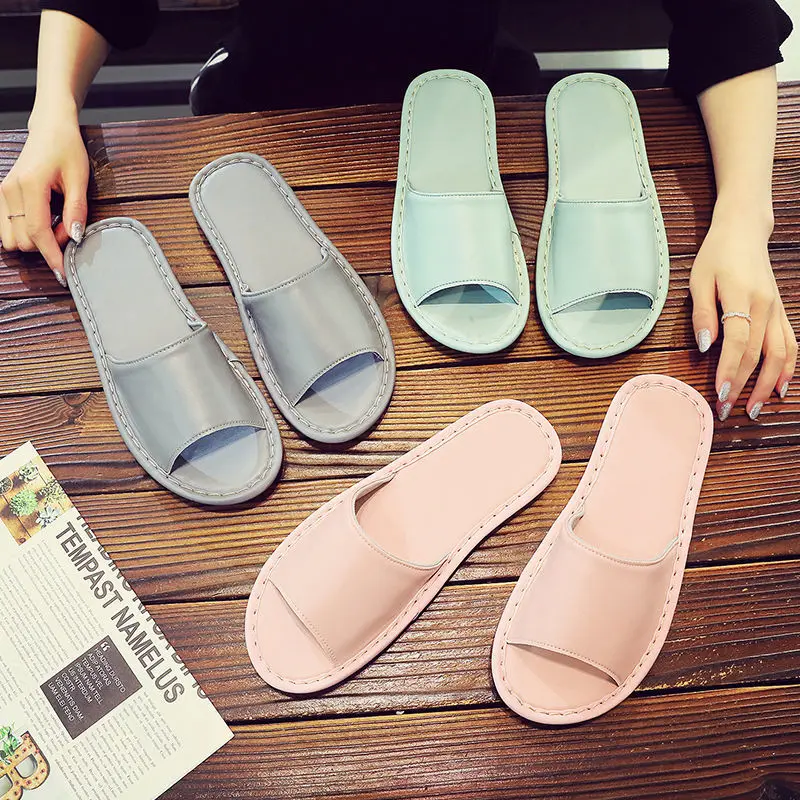 

Open Toe Summer House Slippers Women Slides Plain Color Room Shoes Leather Indoor Slippers For Guests Unisex Home Slippers Woman