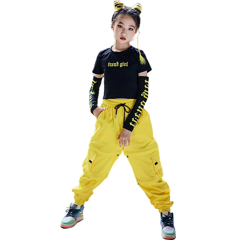 

Танцевальный костюм в стиле хип-хоп, черные топы для девочек, желтые брюки-карго, Женский костюм для тренировок и подиума, Детский костюм для...