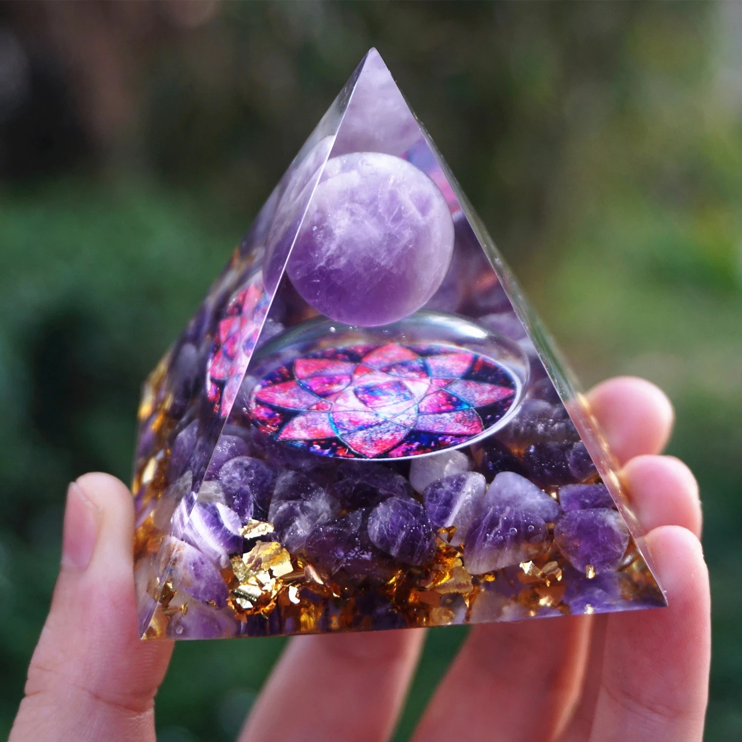 

Runes Handmade Orgonite Pyramid Amethyst Crystal Sphere With Amethyst Natural Cristal Stone Orgone Energy Healing Orgone Tarot