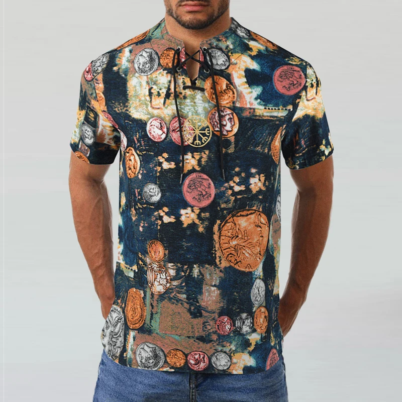 

2021 Men Fashion Cross Printed Loose Blouse Men's Casual O-Neck Short Sleeves Tops Pullovers Vintage Streetwear Male Blusa 4XL