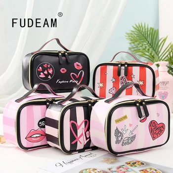 FUDEAM-Bolsa de cosméticos portátil de cuero para mujer, bolso de mano multifunción, organizador de almacenamiento de artículos para la higiene de viaje, impermeable, estuche de maquillaje femenino 1