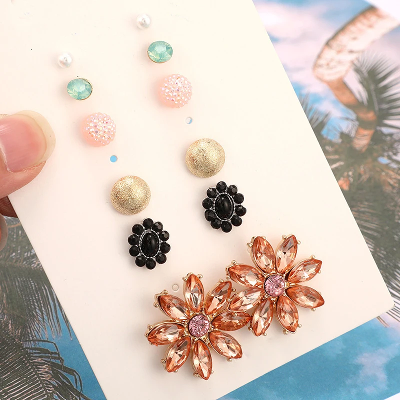 Fashion personality street beat inlaid flowers leaves Pearl drops ear nail earrings set | Украшения и аксессуары