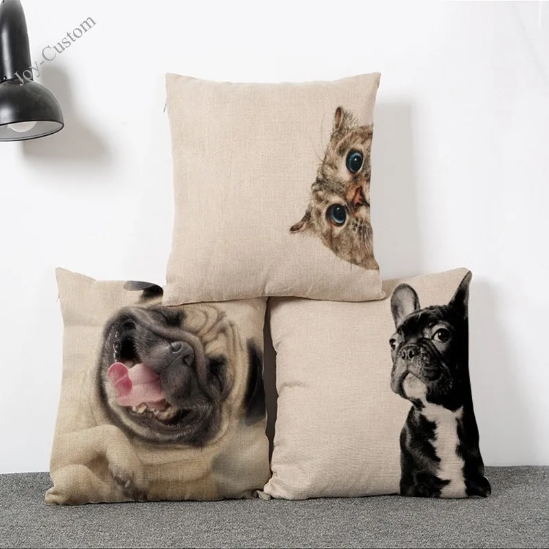 Cute Cushion Cover Cotton Linen Pug Dog Cat Decorative Pillowcase Chair Seat Square 45x45cm Pillow Home Living Textile |