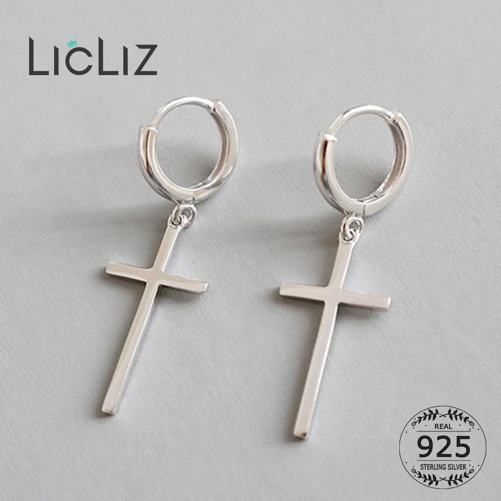 

LicLiz New 925 Sterling Silver Cross Drop Earrings for Women Long Drops with Circle White Gold Ear Jewelry Hoop Gift LE0521