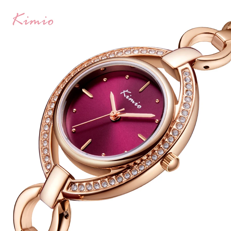 

KIMIO Brand Women Luxury Crystal Unique Dial Watch Rose Gold Hollow Bracelet Dress Watches Ladies Diamond Rhinestone Wristwatch