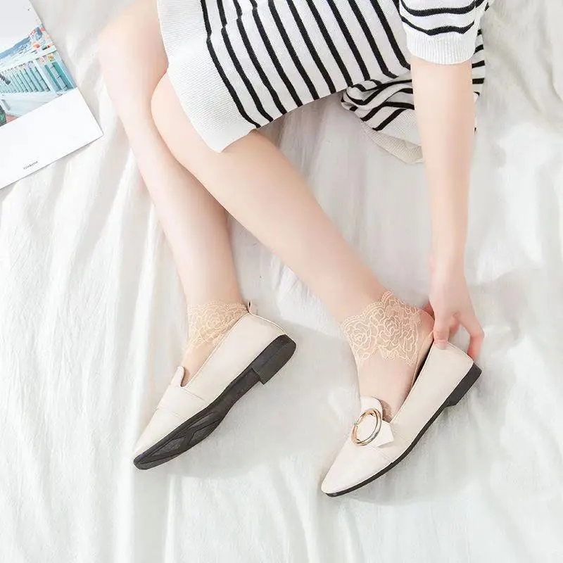 Sexy Low Invisible Ankle Transparent Hollow Out Socks Spring Summer Woman Lace Flower Short Boat Sock Non-slip Short Socks