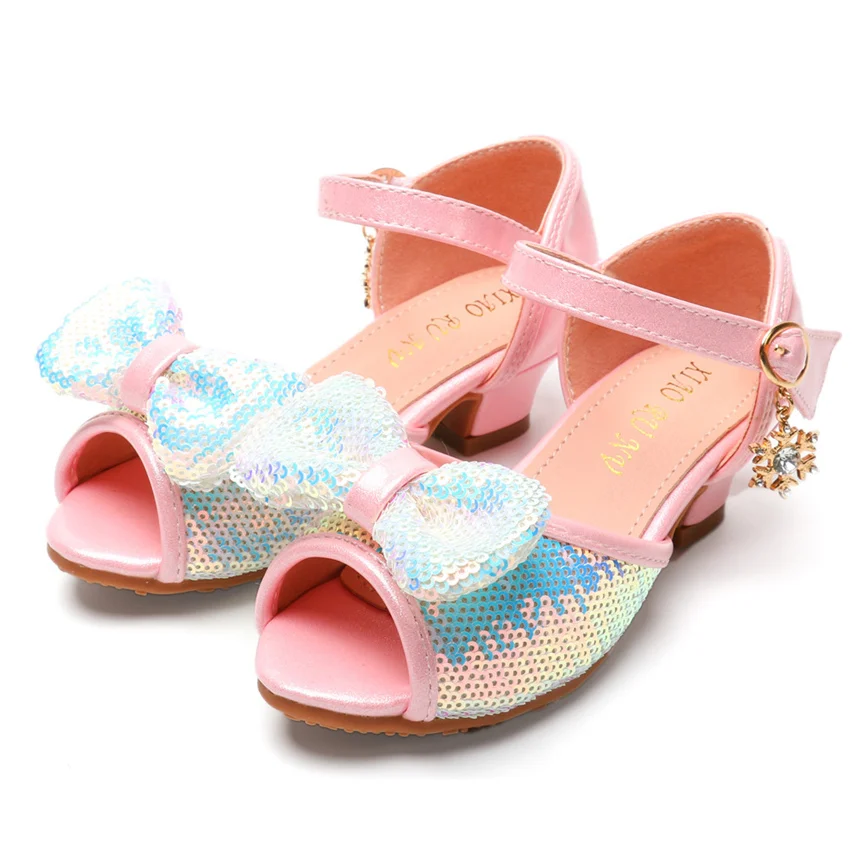 Детская обувь для девочек на высоком каблуке Детские блестящие туфли принцессы с
