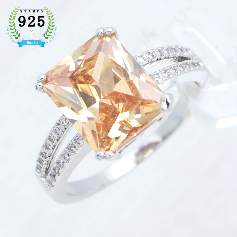 

925 Sterling Silver Ring for Woman Retro Champagne Square Cubic Zirconia Ring Glittering Gem Stone Inlaid Crystal Noble Jewelry